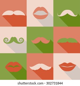 Vector set of hipster mustache and women lips