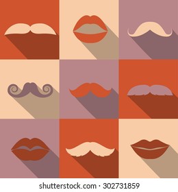 Vector set of hipster mustache and women lips