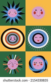 Vector set of hipster retro cool psychedelic sun shapes.Solar icons symbol . Collection of groovy sun stickers.Icon  of divers sun  shapes on yellow and green background.