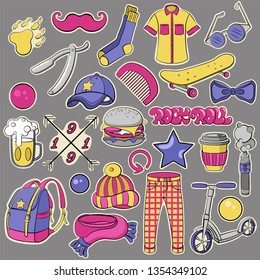Vector set of hipster stickers. Icons, signs and symbols templates for your design on grey background. Collection of pins, patchs, badges in cartoon comic and graffiti stile.