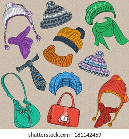 Vector set hipster winter warm knitted hats and scarves