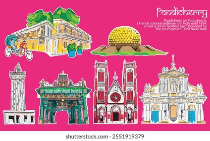 Conjunto de Vector de edificios históricos de la ciudad de Pondicherry, acompañado de Pondicherry escribiendo en estilo indio y un poco de información sobre la ciudad.