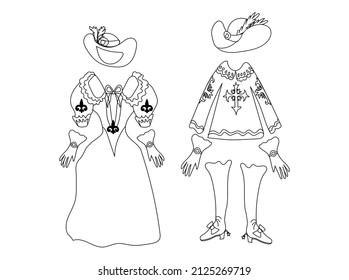 Vector set of historical Male and female costumes of the 17th century. Musketeer and a noble lady. illustration is hand-drawn in a doodle linear style. Coloring page for children and adults