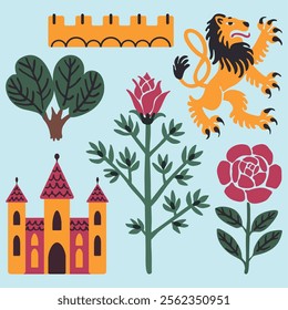 Vector set of historical medieval patterns. Castle, lion, roses vector.
