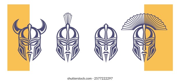 Vector set of historical military helmets in ancient greek style. Simple graphic masks. Collection of icons, logos or emblems. Isolated background