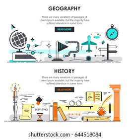 Vector set of history and geography banners. Modern thin line flat templates for educational promotional materials, presentation, print, education app.