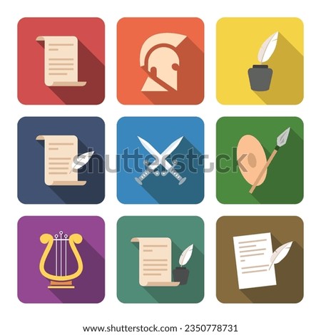 Vector set of History icons flat style with long shadow. Paper scroll, ancient helmet, feather quill pen, prehistoric weapons, crossed swords, lyre, parchment paper vector illustration. Logo design
