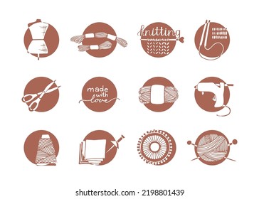 Vector set of Hobby and leisure picture on color circle background. Sewing machine, thread, needles, scissors, mannequin. 