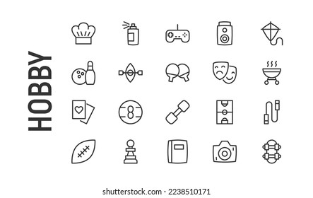 Vector set of hobby thin line icons. Design of 20 stroke pictograms. Signs of hobby isolated on a white background.