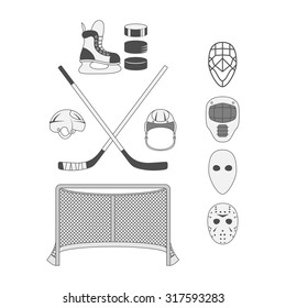 Vector Set of Hockey Elements like a Goal, Stick, Puck, Mask, Helmet and Skate. Sport Equipment for Your Design