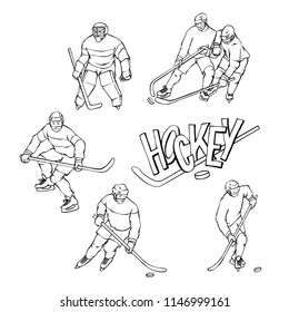 Vector set hockey player and goalkeeper in sports uniform. Black white outline illustration and inscription letters. Vintage sportsmans motion with hockey stick and puck in different race.