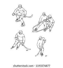 Vector set hockey player in sports uniform black white outline illustration. Vintage sportsmans motion with hockey stick and puck in different race.