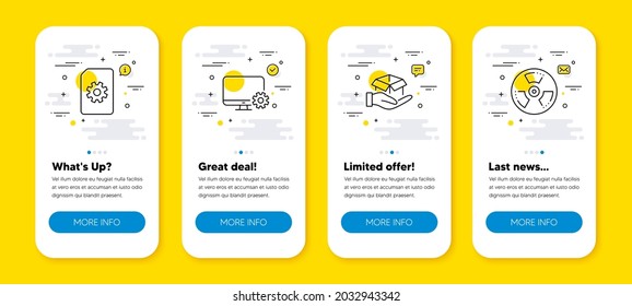 Vector Set Of Hold Box, File Management And Monitor Settings Line Icons Set. UI Phone App Screens With Line Icons. Chemical Hazard Icon. Delivery Parcel, Doc With Cogwheel, Service Cogwheel. Vector