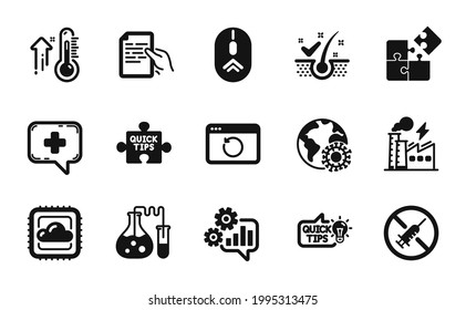 Vector set of Hold document, Education idea and Medical chat icons simple set. Swipe up, Cloud computing and High thermometer icons. Coronavirus, Cogwheel and Chemistry lab signs. Vector