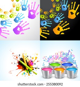 vector set of holi background illustration with pichkari , hand and bucket illustration