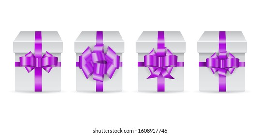 Vector set of holiday box with violet bow for greeting event isolated on white background. Realistic illustration. Front view.