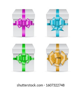Vector set of holiday boxes with color bow for greeting event isolated on white background. Realistic illustration. Front view.