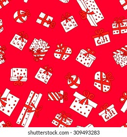 Vector set of holiday boxes for the new year, red bows, vetornaya seamless texture on red background