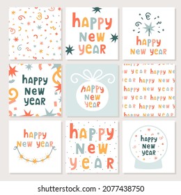 Vector set with holiday cards. Happy New Year cards with text. Flat style illustration. Vector design templates.