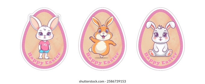 Vector set of holiday cartoon stickers. Happy Easter. Cute beautiful pleasant soft tender emotional toon bunnies. Cuddly cheerful festive rabbits. Badges or icons. Jumping ginger chubby hare. Eggs