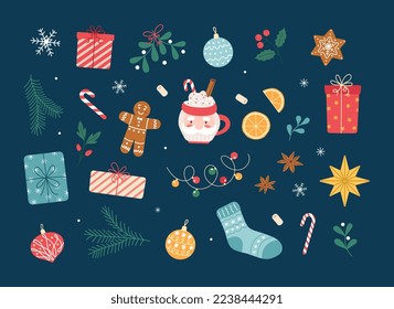 Vector set of holiday christmas icons: holly, christmas ornaments, gingerbread cookies, candles, gift, cacao mug. Vector illustration for Christmas time. Scrapbook collection. Winter greeting card.