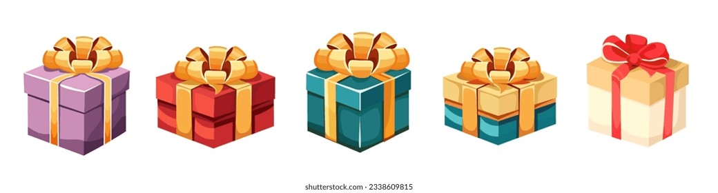 Vector set for holiday design. Bright festive gift boxes on white background 