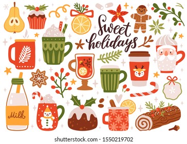 Vector set of holiday drinks. Cozy mugs and sweets: mulled wine, hot cocoa, milk, coffee, traditional Christmas cake, gingerbread cookies. Kids illustration. Scrapbook collection. Winter background.