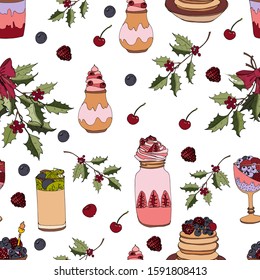 Vector set of holiday drinks. Cozy mugs and sweets: mulled wine, hot cocoa, milk, coffee, traditional Christmas. Kids illustration. Scrapbook collection. Winter background.