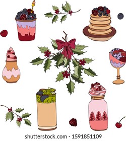Vector set of holiday drinks. Cozy mugs and sweets: mulled wine, hot cocoa, milk, coffee, traditional Christmas. Kids illustration. Scrapbook collection. Winter background.