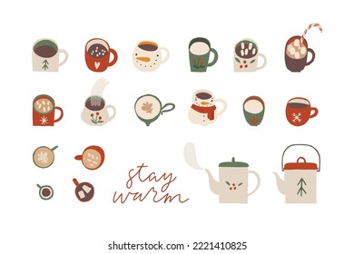 Vector set of holiday drinks. Cozy mugs and cups: mulled wine, hot cocoa with marshmallow, milk, coffee, teapot, kettle. Winter cartoon illustration, isolated. Scrapbook sticker element collection