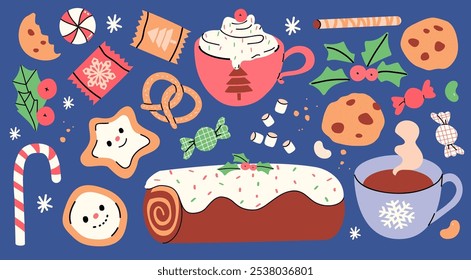 Vector set of holiday drinks and sweets. Cozy mugs and sweets: hot cocoa, coffee, traditional Christmas cake, gingerbread cookies. Kids illustration. Scrapbook collection. Winter background.