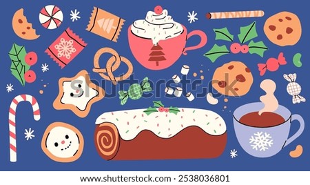 Vector set of holiday drinks and sweets. Cozy mugs and sweets: hot cocoa, coffee, traditional Christmas cake, gingerbread cookies. Kids illustration. Scrapbook collection. Winter background.