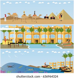 Vector set of holiday in Egypt concept posters. Beach vacation, travel to Sahara desert and rest at resort swimming pool flat style design elements.