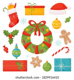 Vector set of holiday elements with Christmas balls, gingerbread, Rozhdestvenskaya wreath, gifts, Christmas sock.