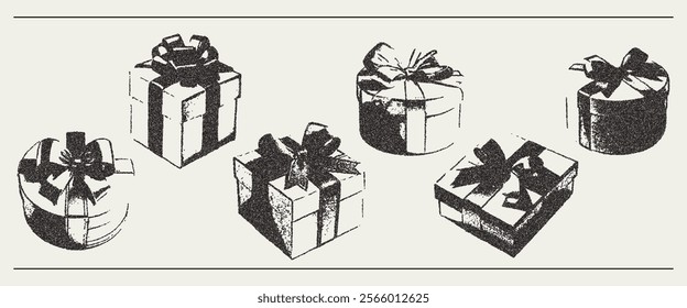 Vector set holiday gift box with bow. Trendy retro photocopy grain effect. Modern stipple dots texture for design art.