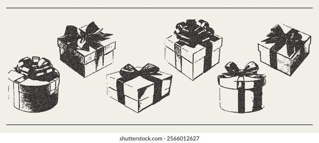 Vector set holiday gift box with bow. Trendy retro photocopy grain effect. Modern stipple dots texture for design art.