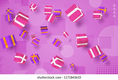 vector set. holiday gifts in boxes fly over bright colorful background. festive mood.