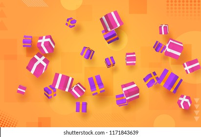 vector set. holiday gifts in boxes fly over bright colorful background. festive mood.