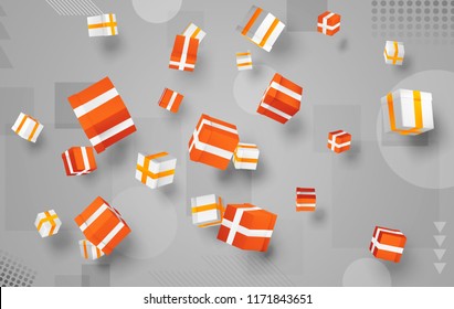 vector set. holiday gifts in boxes fly over bright colorful background. festive mood.
