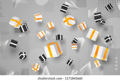 vector set. holiday gifts in boxes fly over bright colorful background. festive mood.