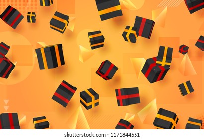 vector set. holiday gifts in boxes fly over bright colorful background. festive mood.