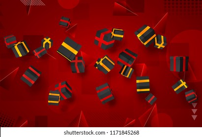 vector set. holiday gifts in boxes fly over bright colorful background. festive mood.
