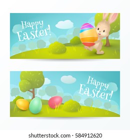 Vector set of holiday horizontal banners with text “Happy Easter!”. Cartoon spring scene with cute bunny and colored eggs in field. Background for greeting cards design. File contains clipping mask