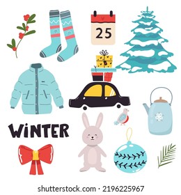 Vector set of holiday icons car, jacket, socks, bow, hare, Christmas tree, teapot, gifts, Christmas decorations, calendar. for Christmas time. Scrapbook collection. greeting card. Happy New Year.