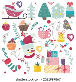 Vector set of holiday icons: Christmas tree decorations, gingerbread cookies, candles, gift, snowman. Childrens illustrations for Christmas. Collection of notes. Winter postcard. Happy New Year.
