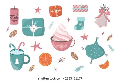 Vector set of holiday icons:  Christmas ornaments, , candles,  gift boxes, candy, christmas toys. Scrapbook collection. Winter greeting card. Trendy objects for cozy winter time