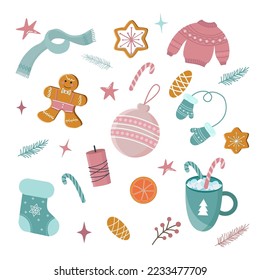 Vector set of holiday icons:  Christmas ornaments, candles,  gift boxes, candy, christmas toys, sweater, gingerbread cookies, gift. Scrapbook collection. Winter greeting card. Trendy objects for cozy 