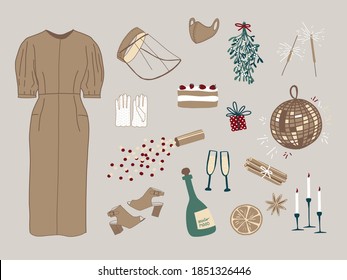 Conjunto de vectores de iconos de vacaciones: ropa, confeti, bola de discoteca, canela, mistletoe, regalo, caramelos, champán. Elementos para la protección de la salud: máscara, guantes, escudo facial. Fiesta de Navidad en un lugar público. 