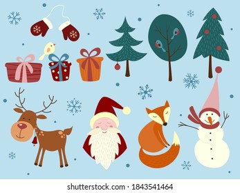 Vector set of holiday icons: gift, fox, santa claus, deer, mittens, snowman. Childrens illustrations for Christmas. Winter postcard. Happy New Year.