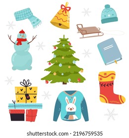 Vector set of holiday icons gift, socks, bell, sledge, book, hat, scarf, tree,, Christmas decorations, calendar. for Christmas time. Scrapbook collection. greeting card. Happy New Year.